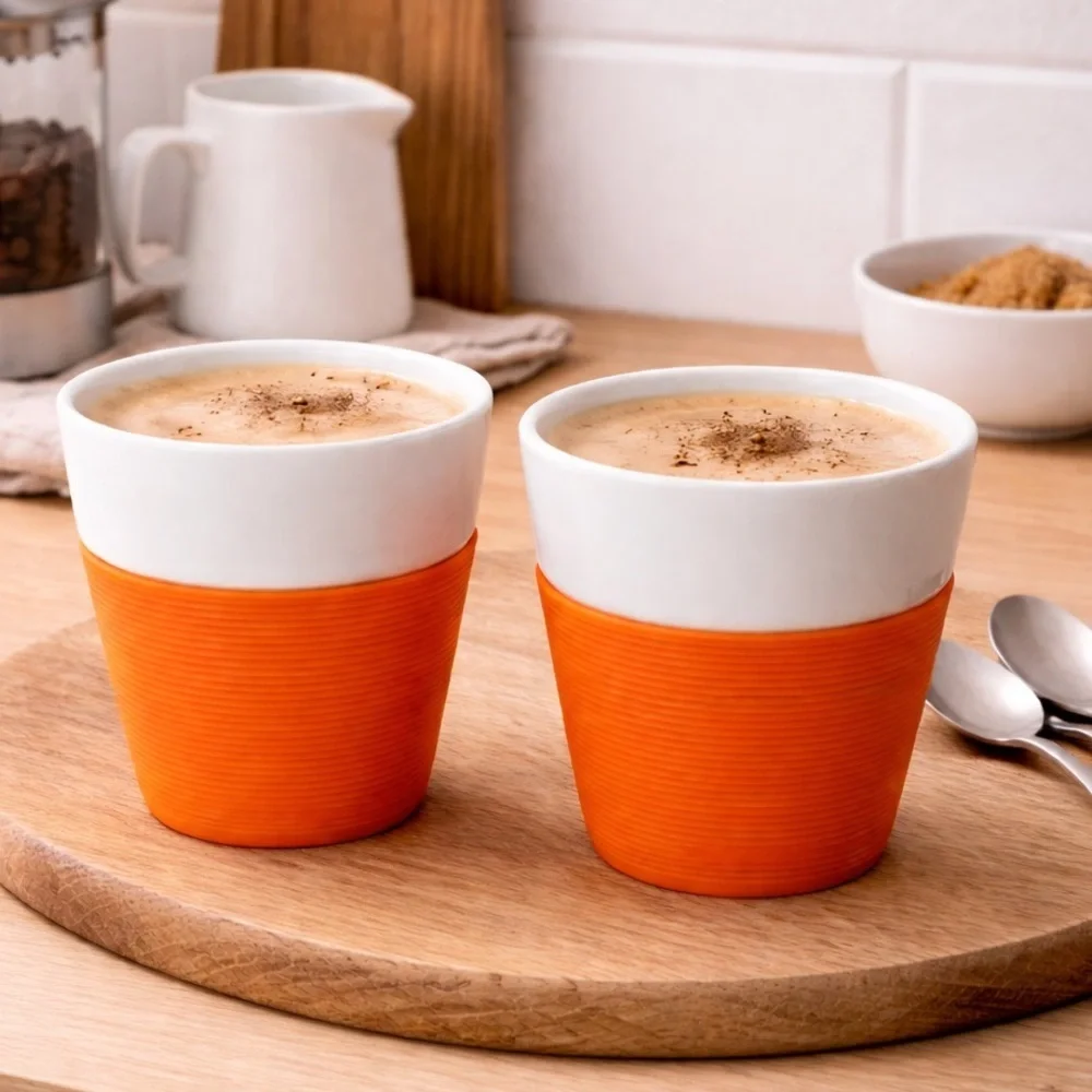 Bodum Bistro Porcelain Cup Sleeve White Orange Switzerland Set of 2